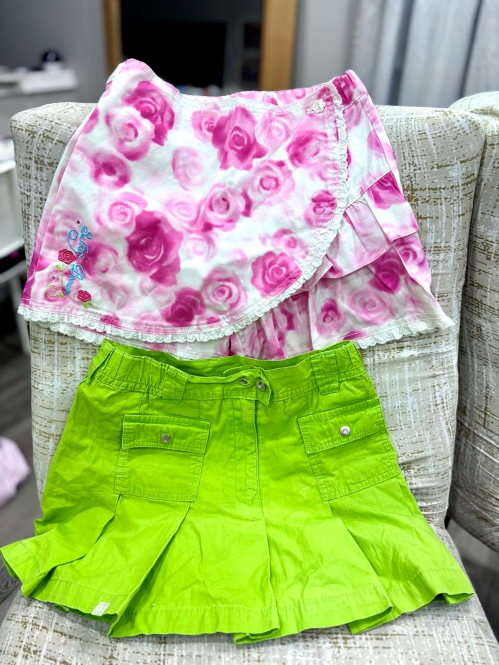 Girls Pink Rose Wrap Skirt & Lime Green Skort Set - 2 Piece Kids Bottoms Vintage